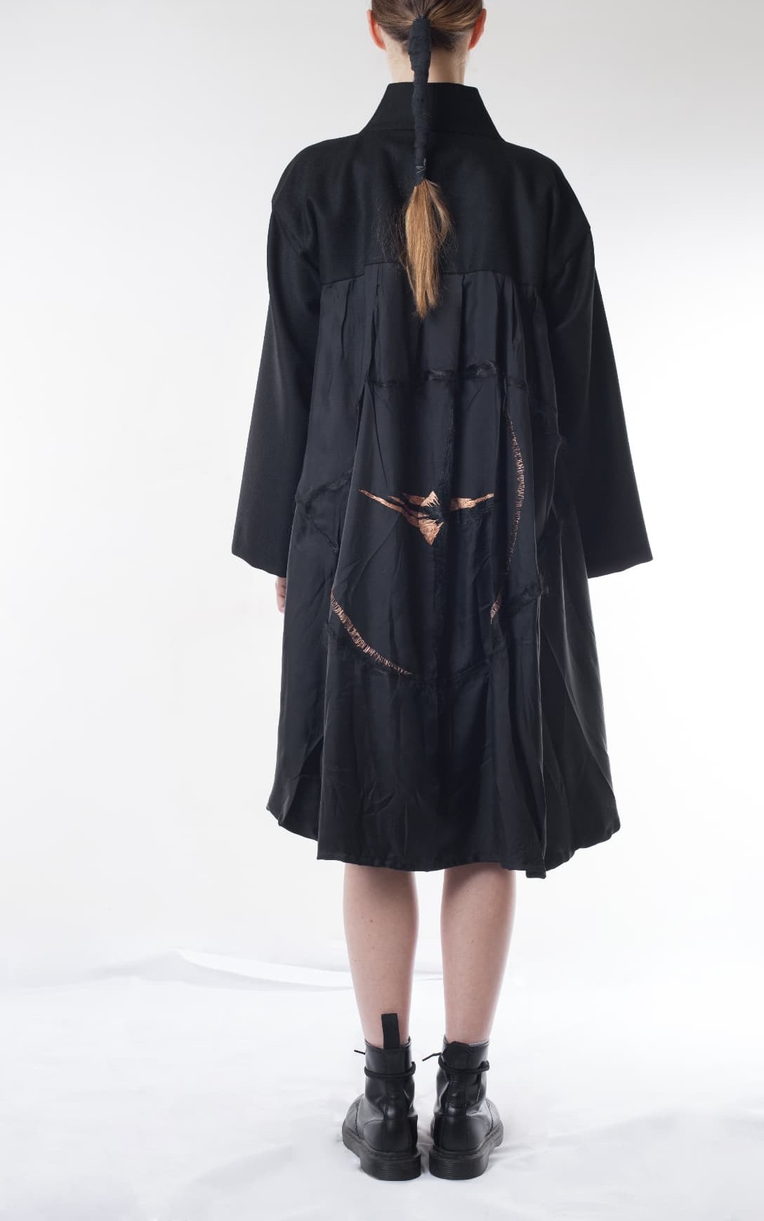 Ana Coat, worn — back with embroidered silk panel
