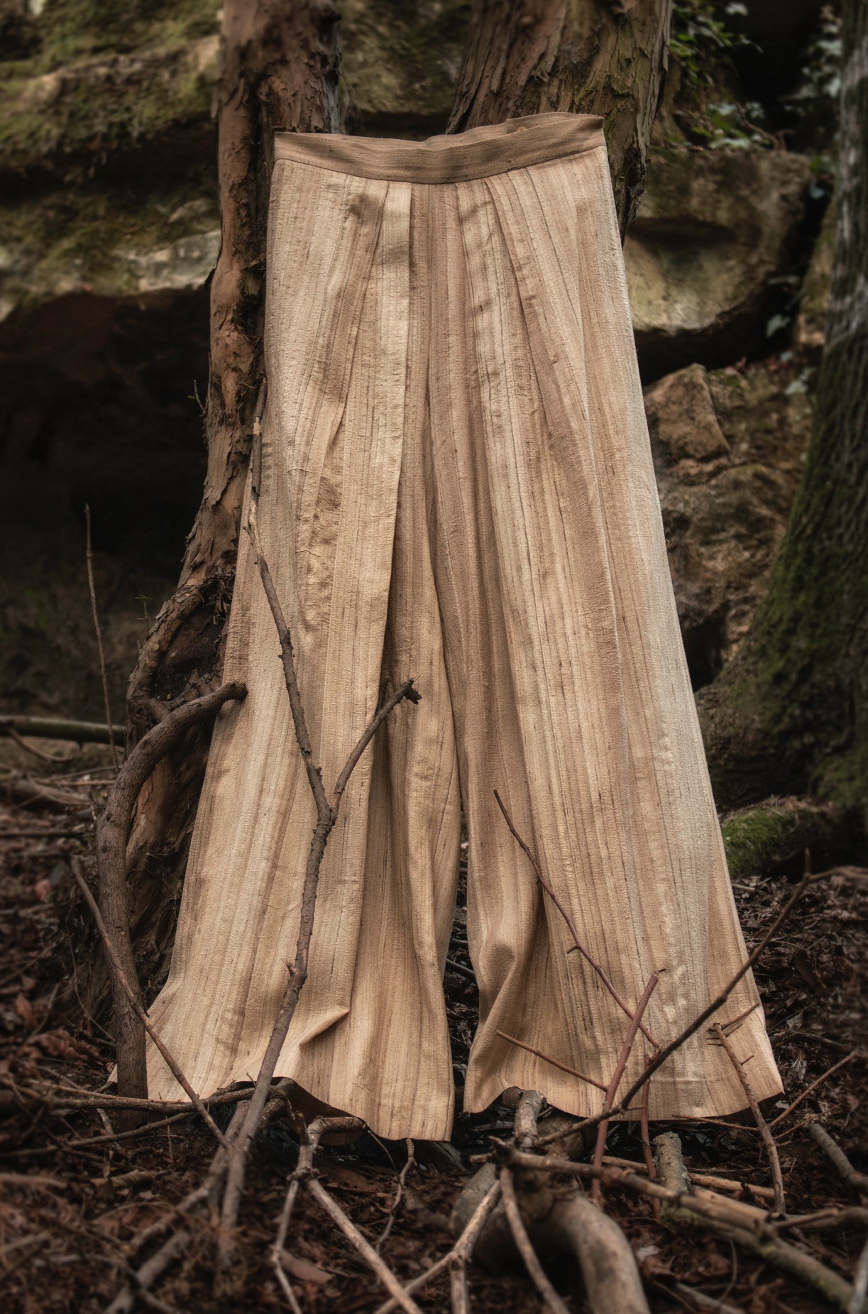 Em Trousers, hung on a tree in a forest